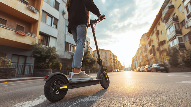 Teenager riding electric scooter in city street