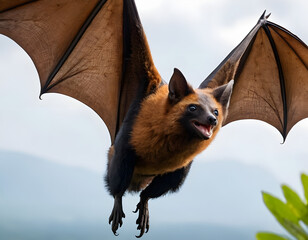 bat on the sky, Large flying fox bat flying with open wings