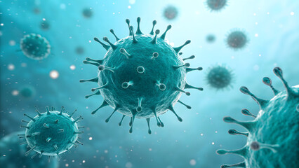 Teal viral particles with spike proteins, macro