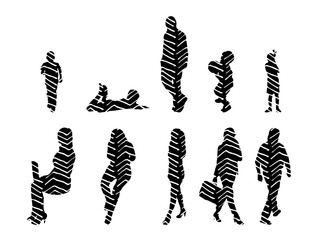 Vector illustration, Outline silhouettes of people, Contour drawing, people silhouette, Icon Set Isolated , Silhouette of sitting people, Architectural set