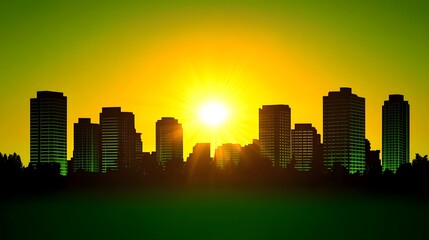 Naklejka premium Vibrant Sunrise Cityscape Silhouette Golden Hour Urban Skyline
