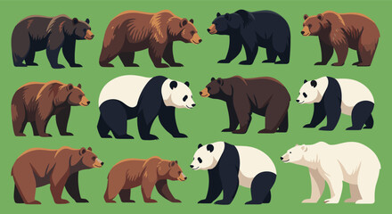 Obraz premium A charming collection of diverse bear species illustrated in a simple pixel art style. Each bear stands on a muted green background, showcasing various types.