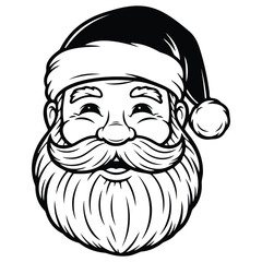 Jolly Santa Claus Face in Black and White with Fluffy Hat, Beard, and Smiling Eyes