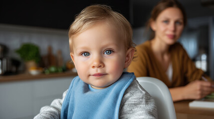 Fototapeta premium Blond toddler with blue eyes wearing blue bib sitting in high chair with woman blurred in background smiling warmly