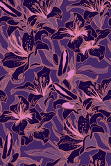Vector modern seamless pattern with silhouettes and contour of Lily flowers drawn by hand in velvet violet and very peri tones. Trendy home textile, wallpaper, fabric, bedding, package.