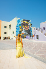 Colorful shopping villa's at old port mina park Qatar with selective focus.