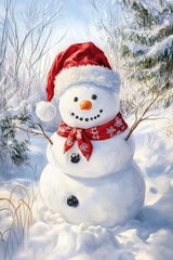 Obraz premium Cheerful snowman in red santa hat on a bright winter day