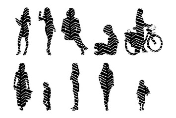 Vector illustration, Outline silhouettes of people, Contour drawing, people silhouette, Icon Set Isolated , Silhouette of sitting people, Architectural set
