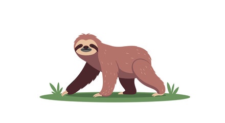 Obraz premium A slow moving sloth walks on the green grass in a forest setting.