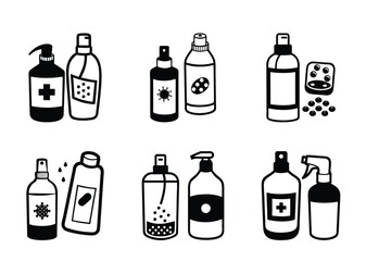 Monochrome illustrations depicting various hygiene and sanitization products in bottle and spray forms