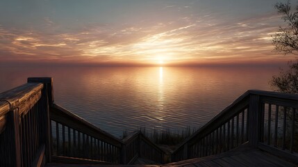 Obraz premium Scenic wooden stairs leading to calm sea at sunset, golden sunlight reflecting on peaceful ocean surface, tranquil coastal evening landscape