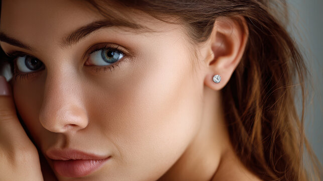 Close up portrait young woman with blue eyes and natural makeup wearing diamond stud earrings, soft lighting highlights smooth