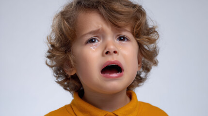 Crying child with curly hair and tear streaked face expressing sadness and distress in close up portrait