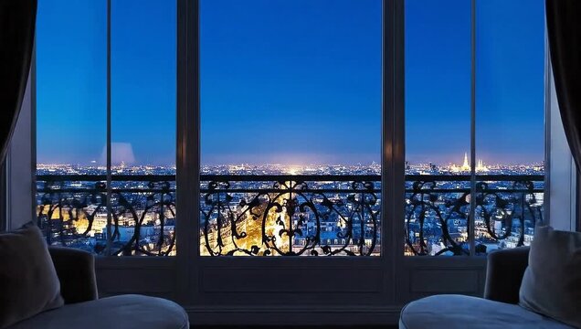 City view from elegant balcony at night with blue sky  