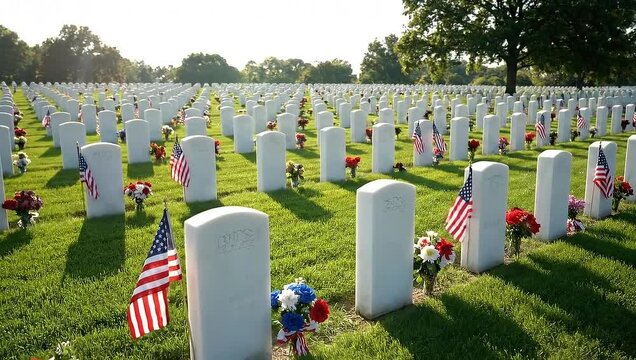 Rows of grave markers adorned with flags and flowers in cemetery  