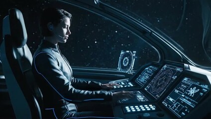 Female astronaut operating spaceship control panel in deep space   - Powered by Adobe