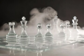 Glass chessboard reflecting light, with soft white mist curling upwards, mystical and elegant ambiance