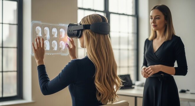 Innovative businesswoman uses virtual reality headset to interact with holographic hair styles, exploring future salon technology and design possibilities. - Powered by Adobe