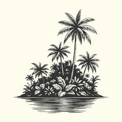 Tropical island with palm trees and coastal shoreline in retro engraving style.
