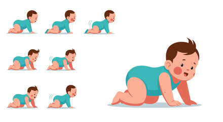 Illustrations of a baby's developmental journey from crawling to taking first steps learning to move.