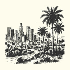 Retro landscape of Los Angeles skyline with palm trees in a vintage engraving style. © Chairul