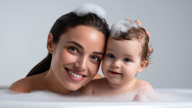 Young woman and baby enjoying bubble bath together with foam on heads, sharing joyful and tender moment