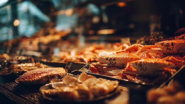 Close medium shot of an ambient seafood display featuring shellfish and crustaceans under warm lighting the textures crisp in focus while the background melts into a soft blur.