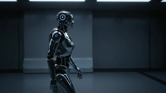 Futuristic humanoid robot walking in a modern, sleek environment  