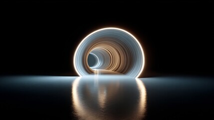 Abstract futuristic circular tunnel with glowing light rings and reflective floor