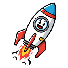 Cartoon rocket ship with a smiling face blasting off into space with flames and smoke
