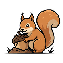 Cartoon illustration of a squirrel holding an acorn on a pile of dirt with a white background.