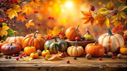A rustic autumn harvest display with pumpkins, leaves, and berries galore