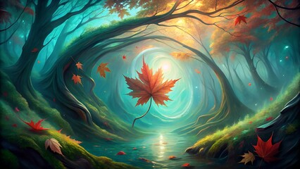 A serene autumn forest scene with a vibrant maple leaf in the center