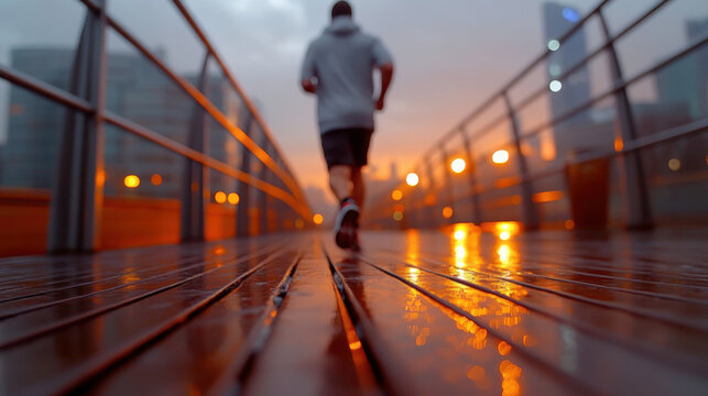 Man jogging on a sunrise bridge healthy lifestyle journey urban environment inspirational viewpoint