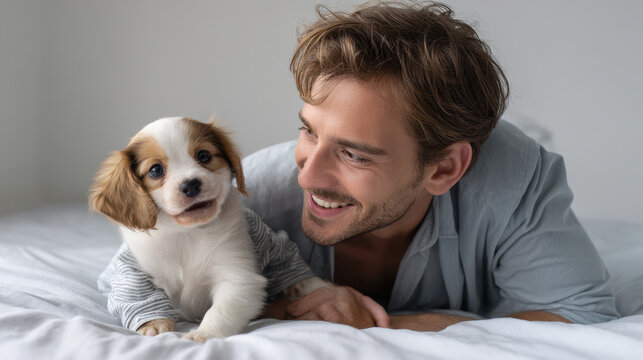 Happy man lying on bed smiling at small playful puppy with brown and white fur enjoying cozy moment together - Powered by Adobe