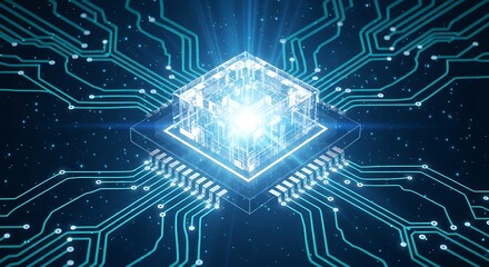 Modern circuit board glowing with digital technology power, representing AI and innovation