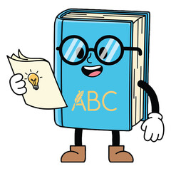 Cartoon illustration of a cheerful blue book character with glasses holding a lightbulb idea on paper