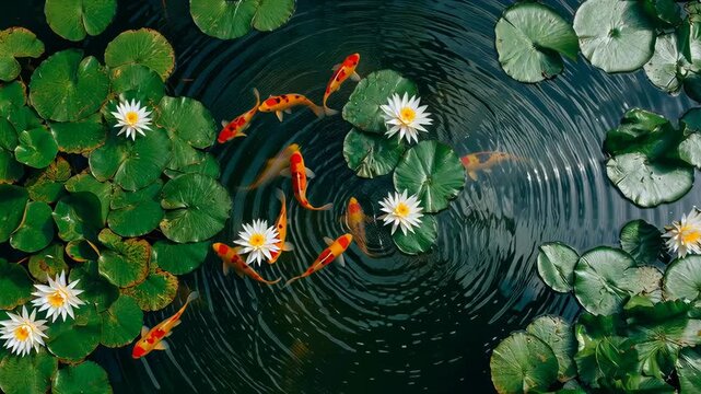 Top view of koi fish swimming in a pond with water lily flower and ripples. Nature zen and tranquil garden relaxation footage.