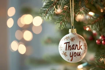 Festive christmas tree with thank you ornament and warm twinkling lights © dashtik
