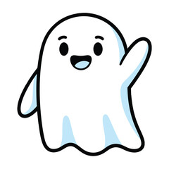 Illustration of a cartoon ghost waving with a cheerful expression on a white background.
