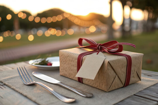 A wrapped gift with a red ribbon sits on a table setting outdoors at sunset