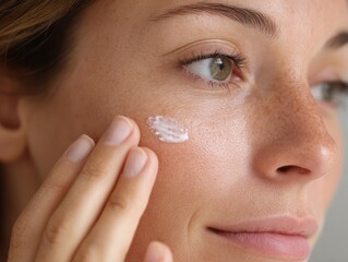 a young  woman applying creamy face cream on her cheek, skin care concept