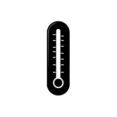 Black and white thermometer symbol isolated on a white background. A simple vector graphic icon representing temperature measurement for weather forecasts and climate conditions
