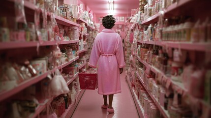 A woman in pink attire explores a vibrantly pink-themed store aisle, creating a cohesive and colorful shopping experience.