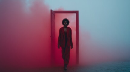 Obraz premium A confident woman in a striking red suit steps through a red door, surrounded by vibrant colorful smoke.