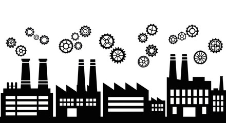 Obraz premium Industrial Factory Buildings and Gears Icon Set Vector Illustration, representing industry, engineering, technology, manufacturing, and business processes., Flat Vector Elements, Vector Illustration,