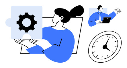 Woman holding gear puzzle piece for teamwork, man working on laptop, and clock representing time. Ideal for communication, teamwork, productivity, management, problem-solving efficiency. Simple flat