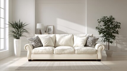 Elegant Living Room with Cream Sofa and Decorative Green Plants