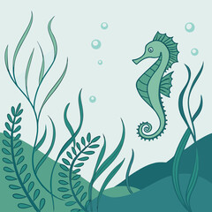Charming cartoon seahorse swims gracefully through a serene underwater scene with lush green seaweed and gentle floating bubbles creating a tranquil aquatic environment © Atiar