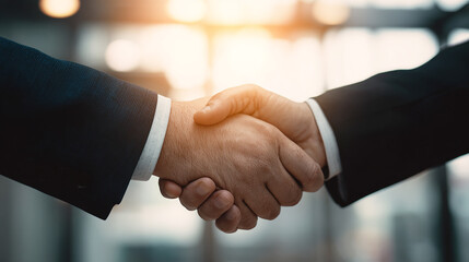 Business handshake between two executives in modern office, symbol of partnership and success.